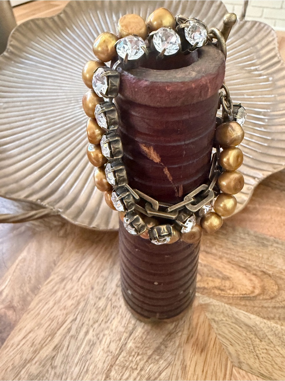 Gold Bead and Crystal Link Bracelet - Women Jewelry